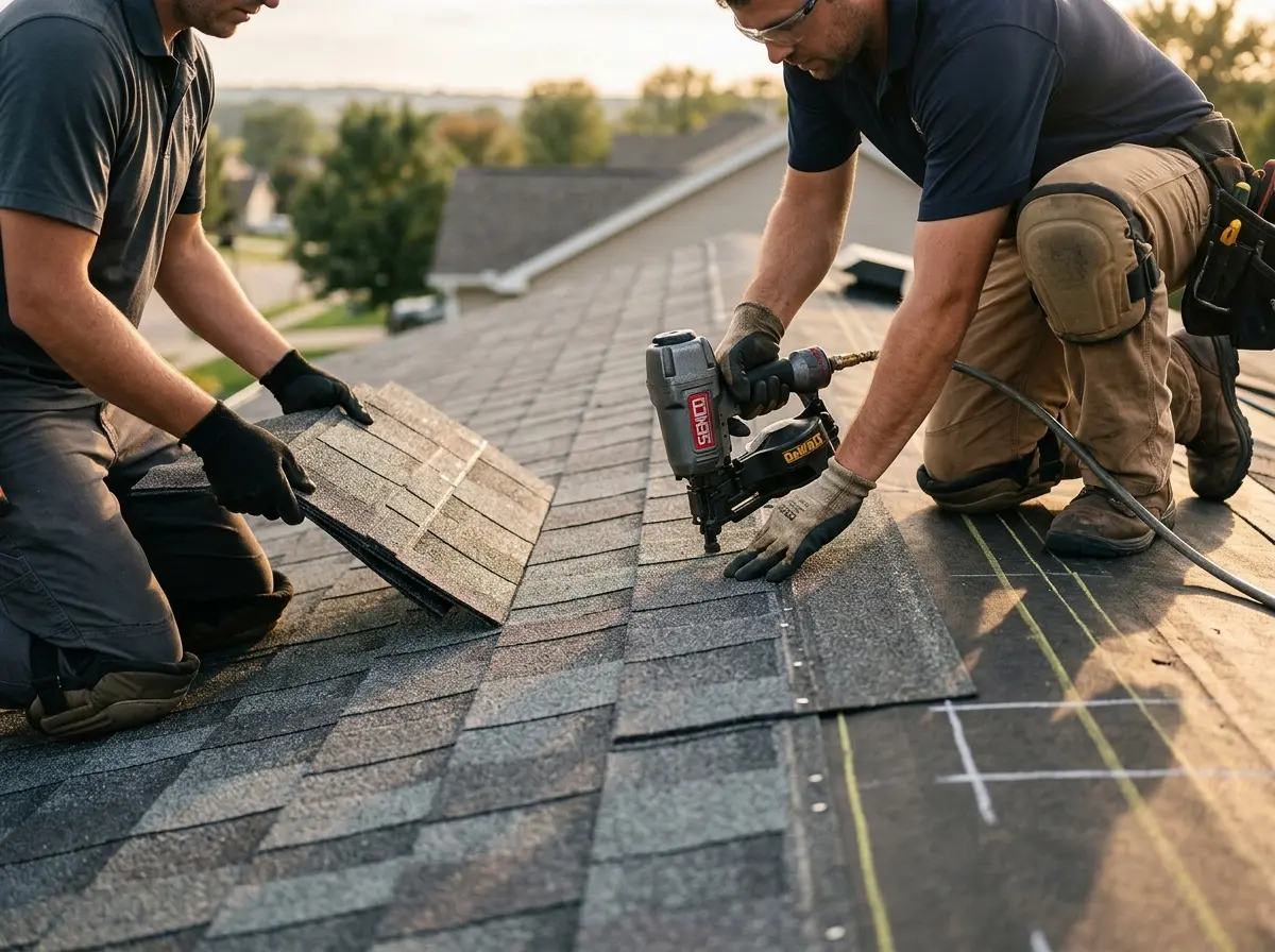 Professional roofer working on a residential roof in Winona